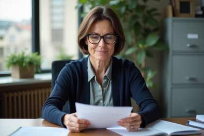 Femme d'âge moyen lisant des documents dans un bureau