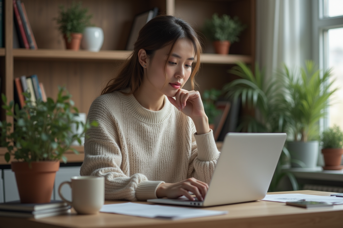 Jeune femme travaillant sur un ordinateur dans un bureau chaleureux