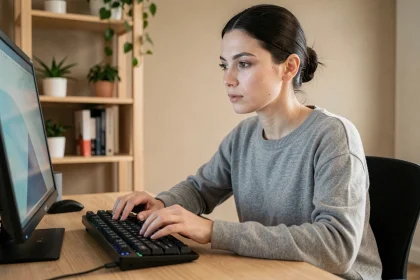 Femme tapant sur un clavier mécanique pour paramétrer un raccourci clavier personnalisé afin de taper le Ç majuscule