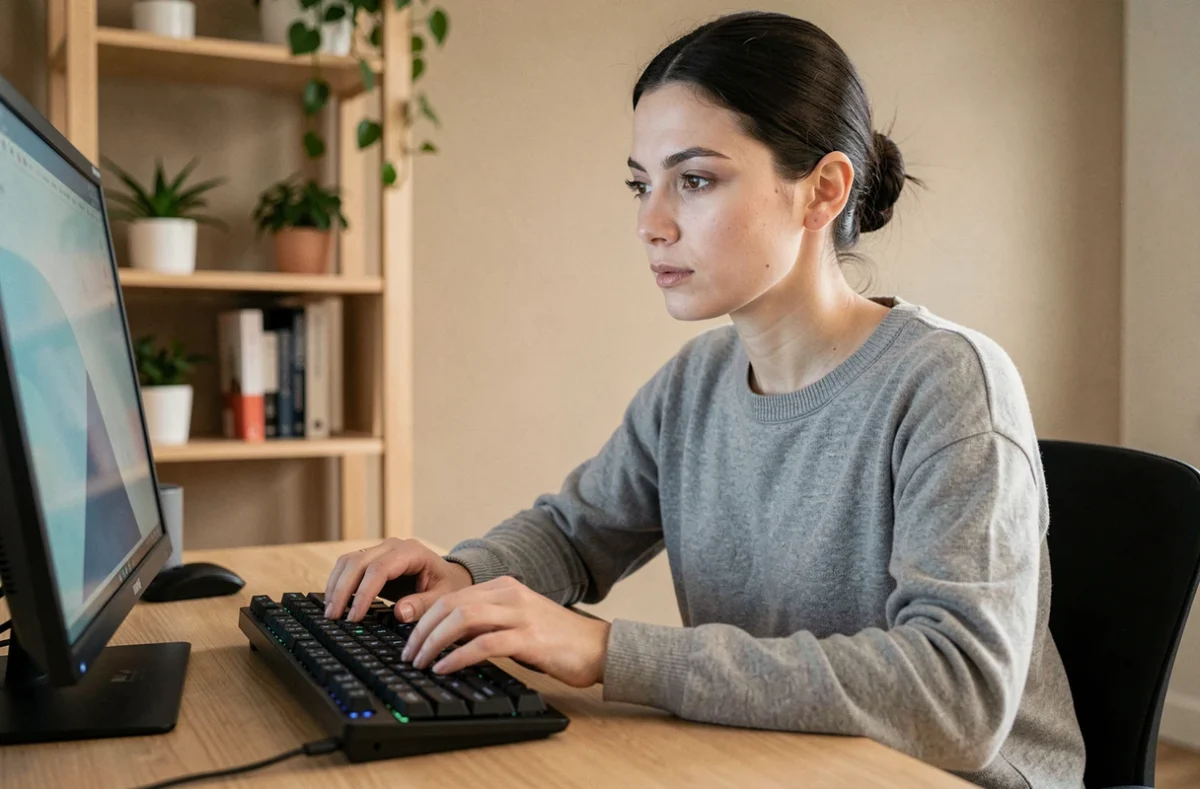 Femme tapant sur un clavier mécanique pour paramétrer un raccourci clavier personnalisé afin de taper le Ç majuscule