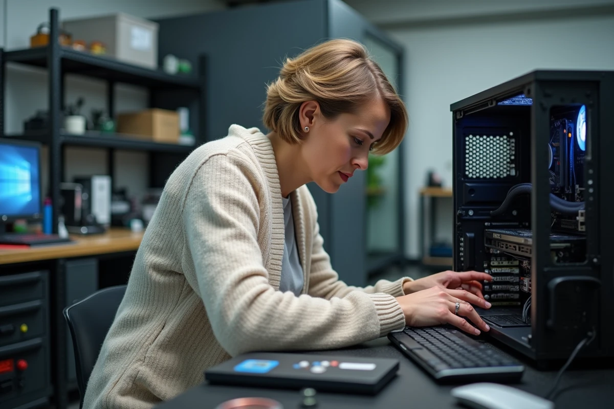 Femme réparant un ordinateur dans un atelier moderne