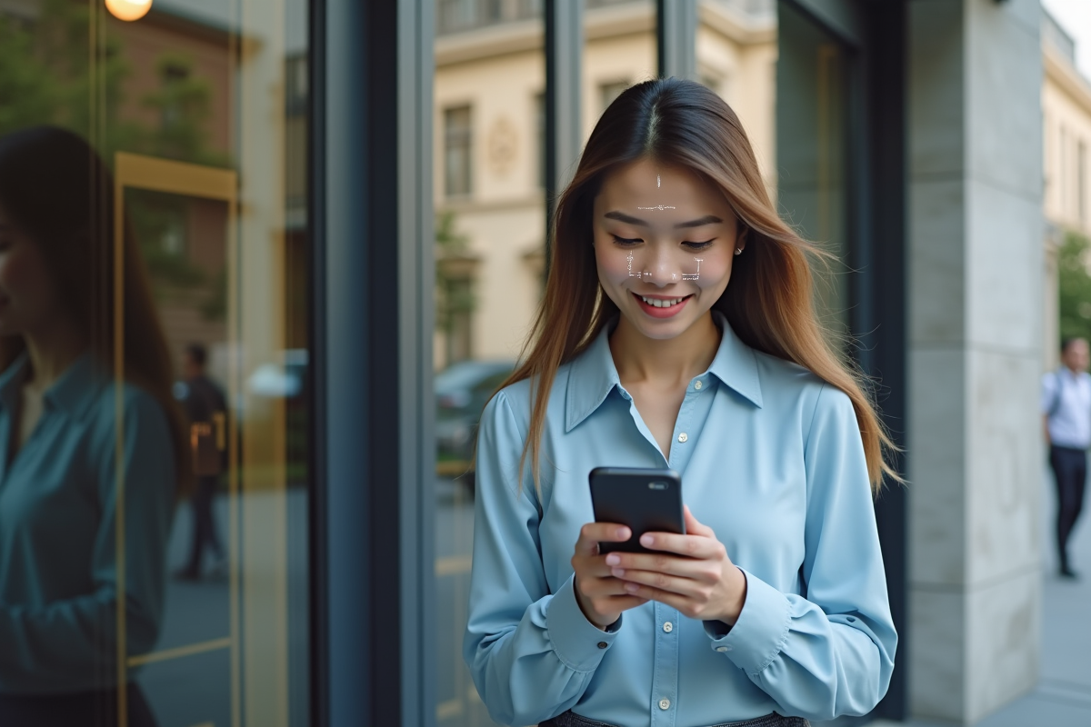 Femme utilisant la reconnaissance faciale pour déverrouiller son téléphone
