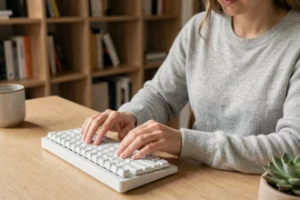 Femme en télétravail tapant sur un clavier QWERTY mécanique blanc dans un bureau à domicile minimaliste avec étagères en arrière-plan