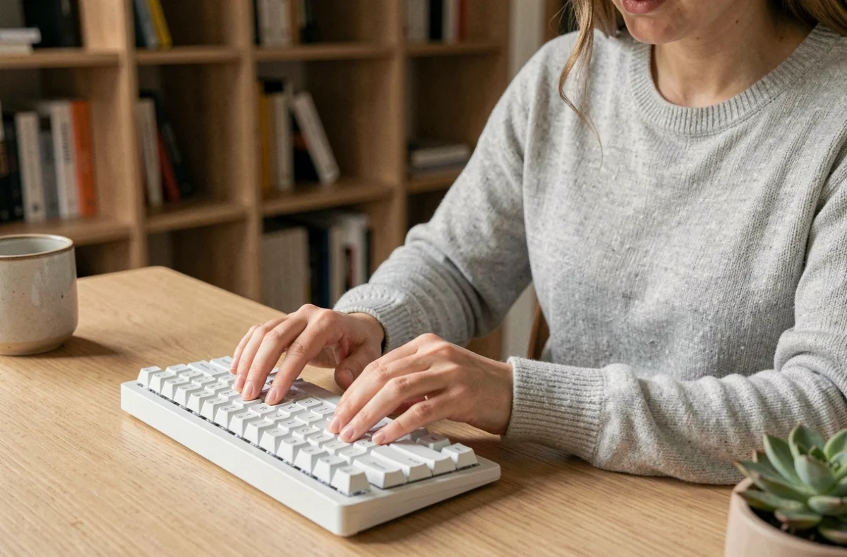 Femme en télétravail tapant sur un clavier QWERTY mécanique blanc dans un bureau à domicile minimaliste avec étagères en arrière-plan