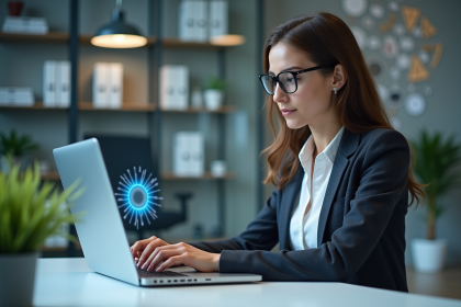 Femme en blazer travaillant sur un circuit quantique