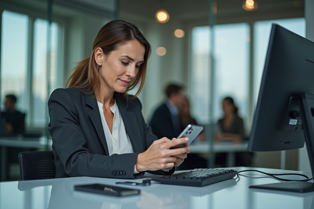 Femme vérifiant sécurité avec smartphone et clé dans un bureau moderne