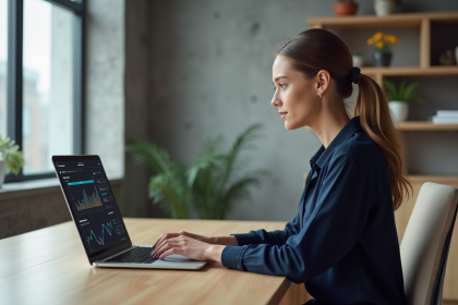 Jeune femme professionnelle analysant un tableau de bord web