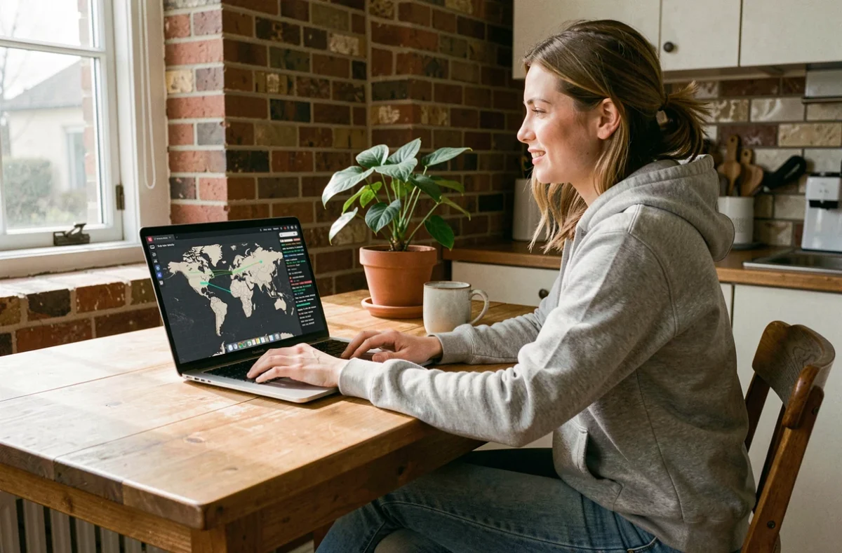 Femme consultant une carte de géolocalisation IP et informations FAI sur un ordinateur portable à domicile