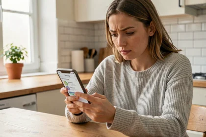 Jeune femme consultant son application de gestion de forfait mobile RED&Moi sur son smartphone dans sa cuisine moderne
