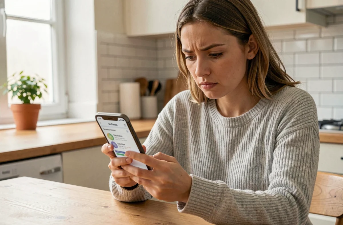 Jeune femme consultant son application de gestion de forfait mobile RED&Moi sur son smartphone dans sa cuisine moderne