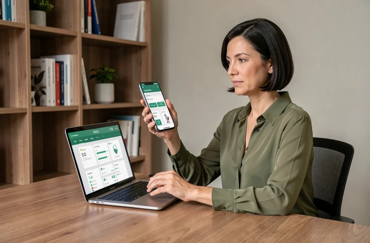 Femme en télétravail gérant son forfait bloqué et ses données mobiles depuis son bureau à domicile avec l'application RED&Moi