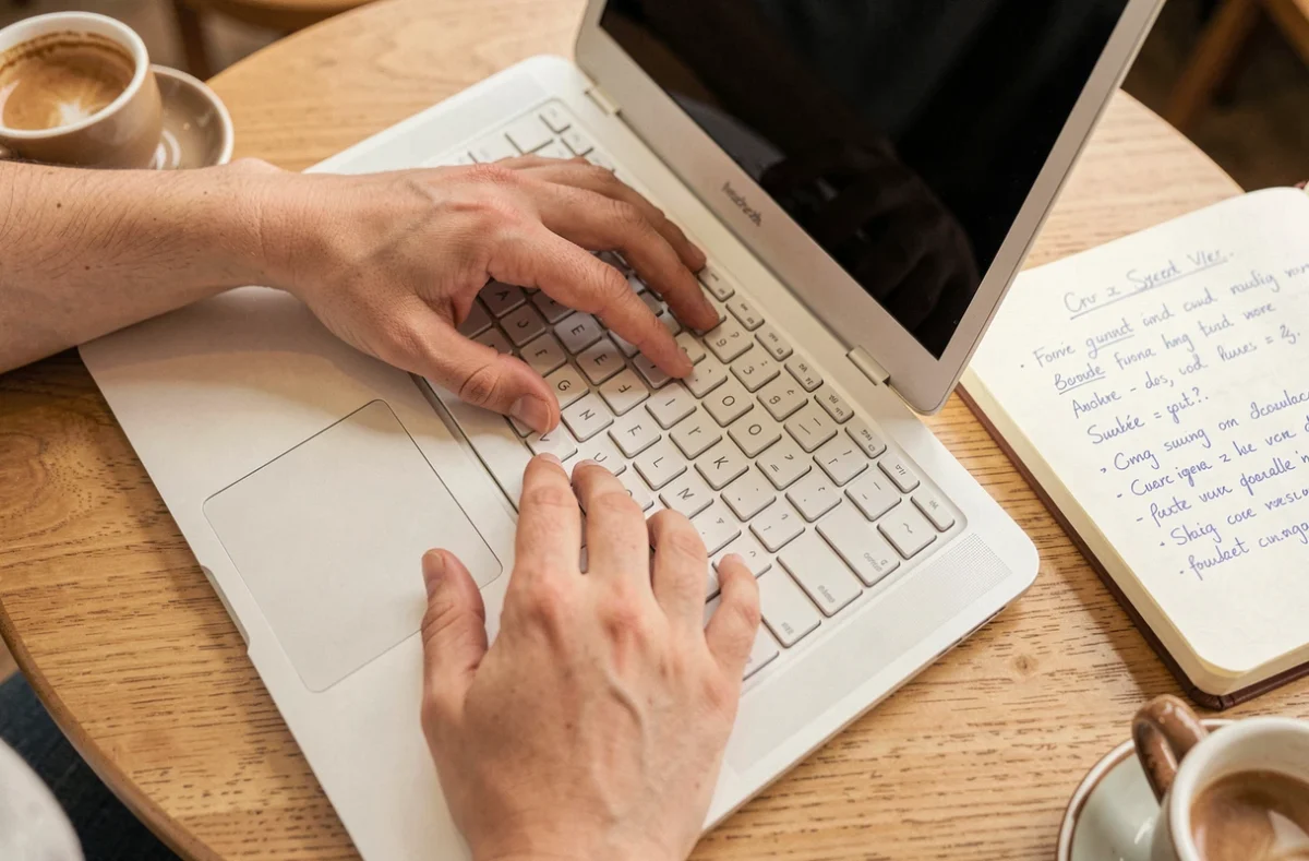 Gros plan de mains sur un clavier AZERTY de laptop pour saisir un raccourci personnalisé du C cédille majuscule