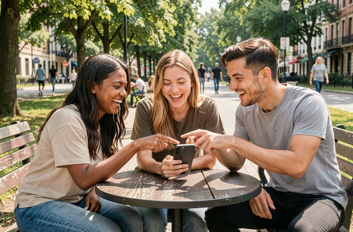 Groupe de jeunes célibataires découvrant ensemble l'application de rencontre Net Ech dans un parc urbain