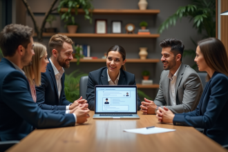 Groupe de professionnels autour d'un chatbot en réunion