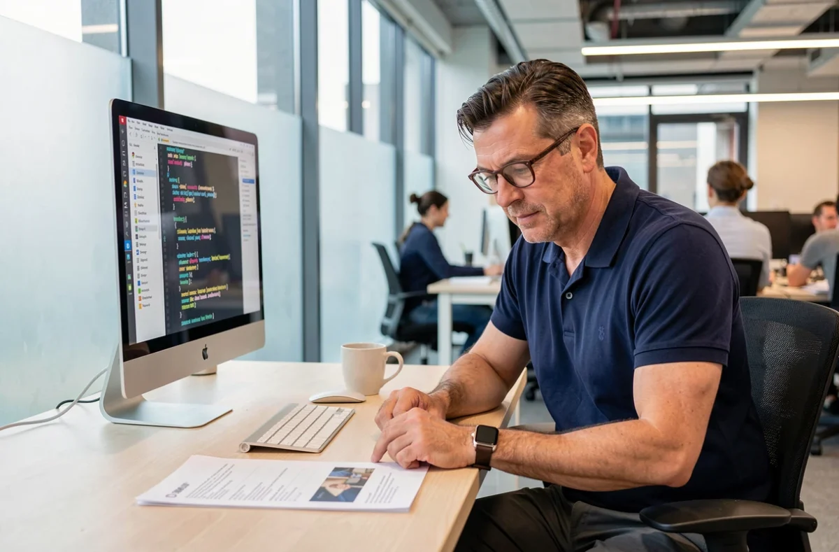 Homme d'affaires découvrant le langage Python sur un écran d'ordinateur dans un bureau moderne, représentant l'initiation à la programmation en milieu professionnel