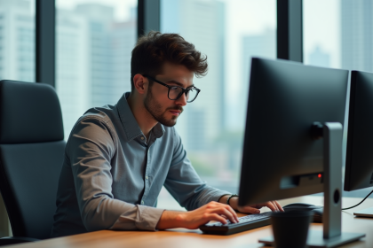 Jeune homme au bureau examine deux écrans haut de gamme