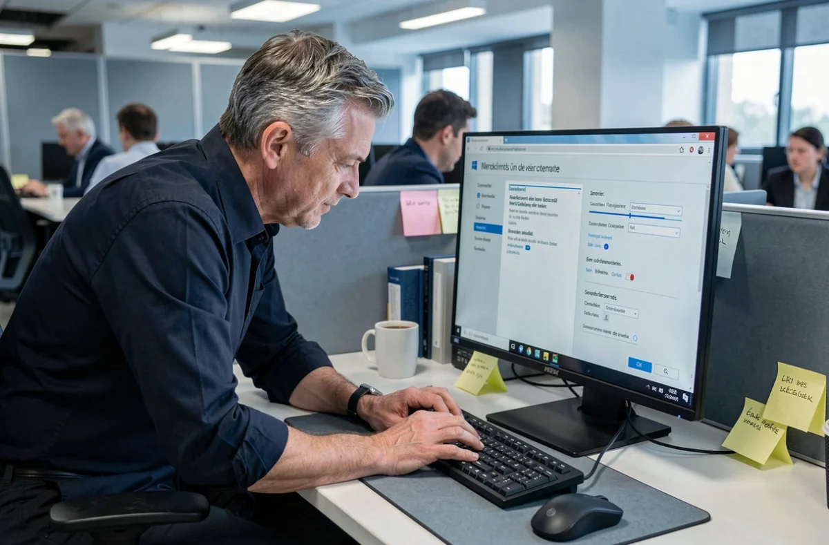 Homme en bureau paramétrant un raccourci clavier personnalisé pour insérer le C cédille majuscule sous Windows