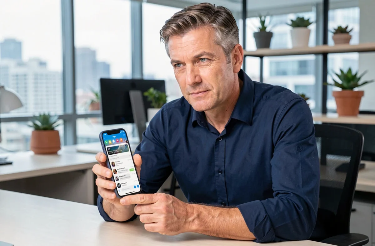 Homme en bureau consultant l'application Skype sur iPhone pour gérer ses contacts et messages