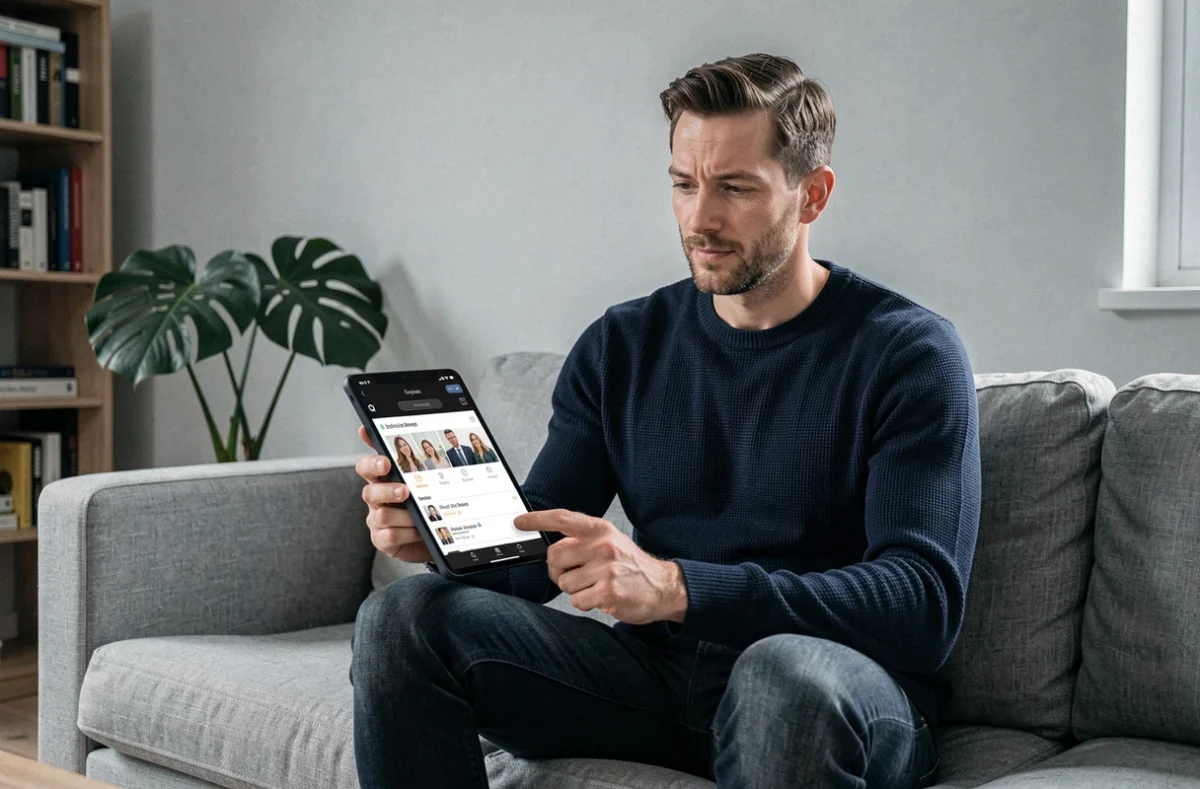 Homme célibataire consultant des profils sur une application de rencontre en ligne depuis son appartement