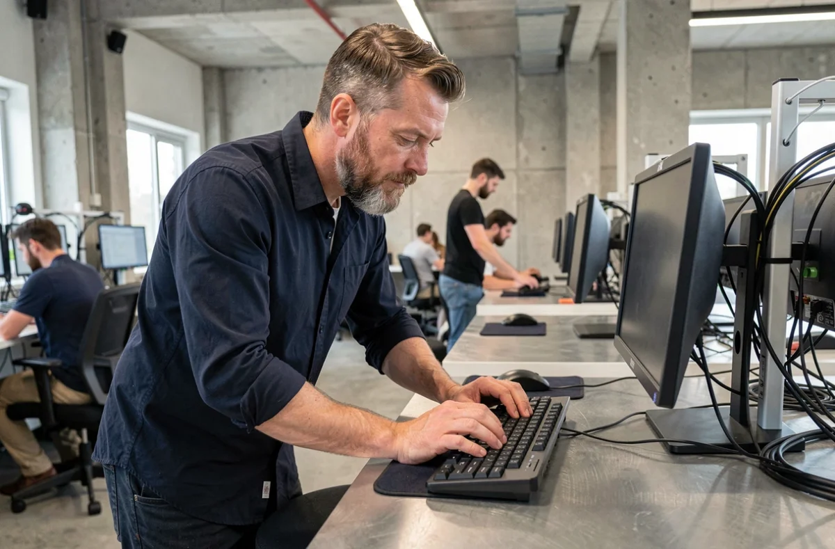 Homme en télétravail intensif utilisant un clavier QWERTY ergonomique split sur un bureau debout dans un espace de coworking moderne