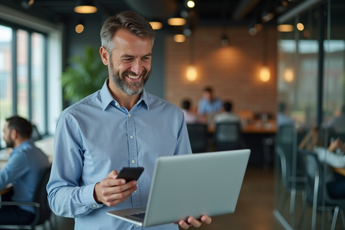 Homme d age moyen vérifiant ses résultats en coworking