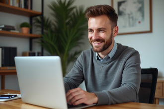 Homme déverrouillant son ordinateur portable avec empreinte