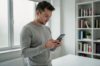 Homme tenant un iPhone 16 et explorant ses nouvelles fonctionnalités en 2026 dans un bureau minimaliste