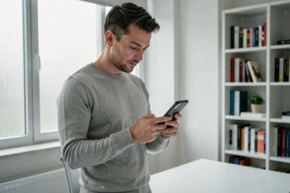 Homme tenant un iPhone 16 et explorant ses nouvelles fonctionnalités en 2026 dans un bureau minimaliste