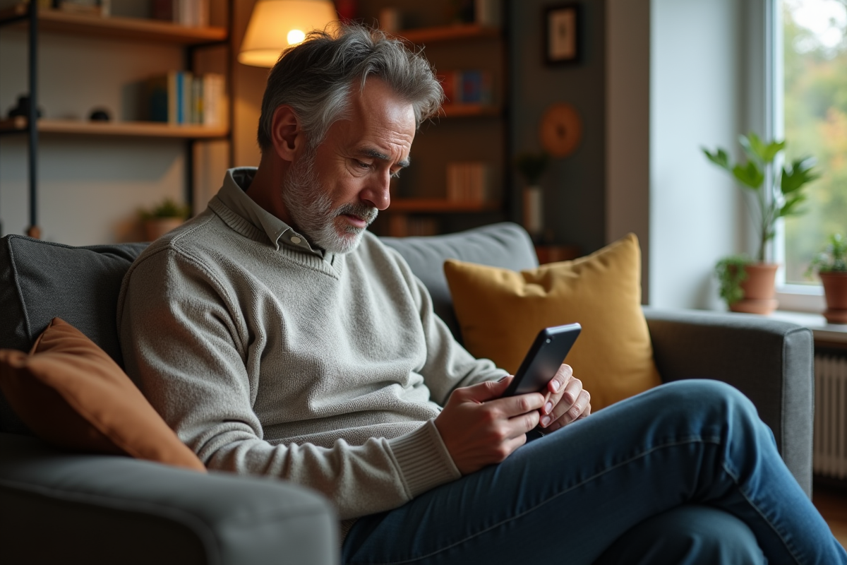 Homme dans son salon utilisant son smartphone avec publicité intégrée