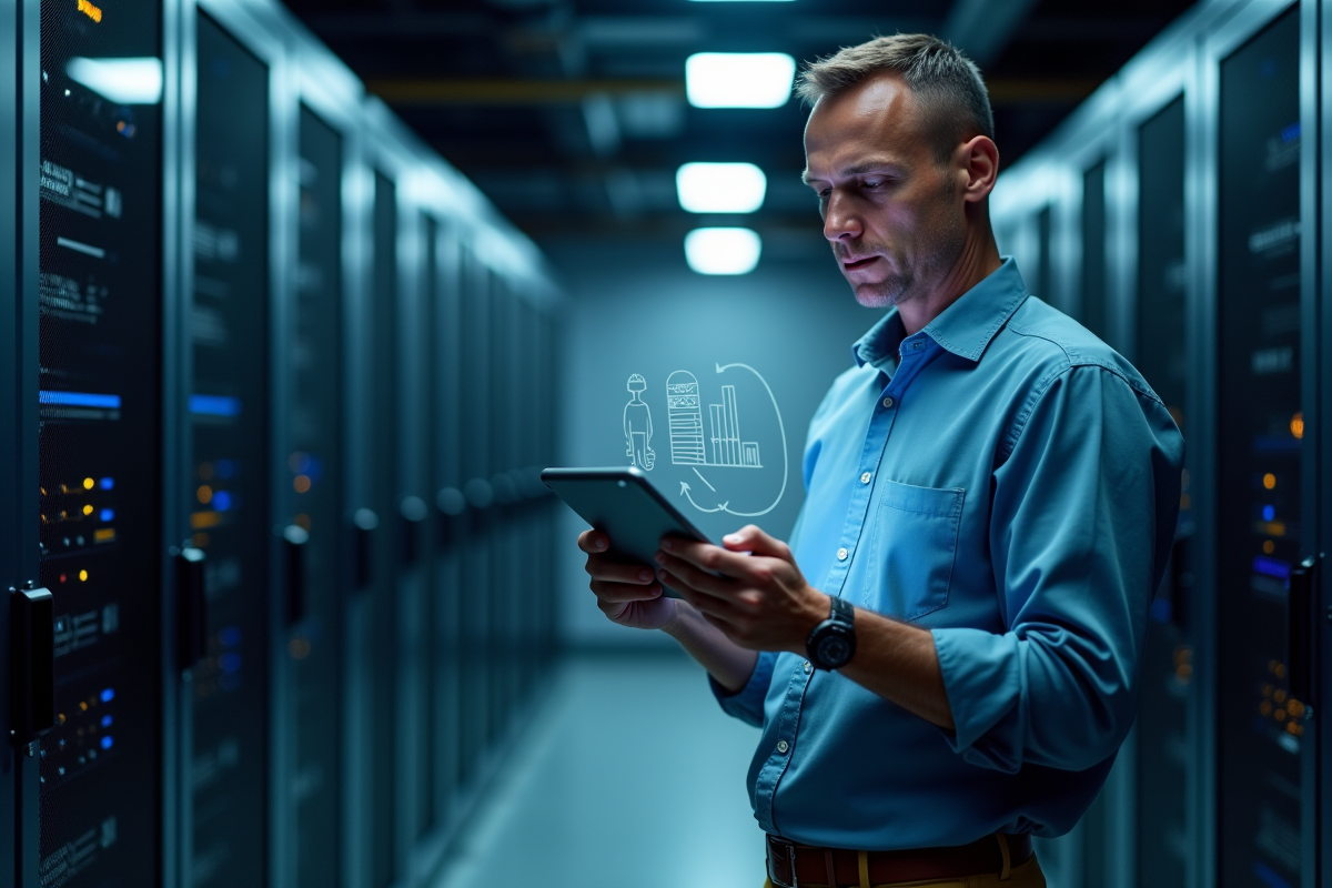 Homme en salle serveurs tenant une tablette avec flux de données