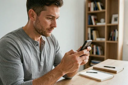 Homme tenant un smartphone compact Samsung S22 dans une main, illustrant le format petit écran du téléphone