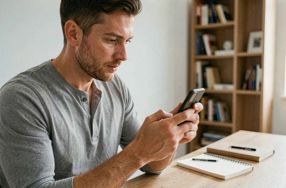 Homme tenant un smartphone compact Samsung S22 dans une main, illustrant le format petit écran du téléphone