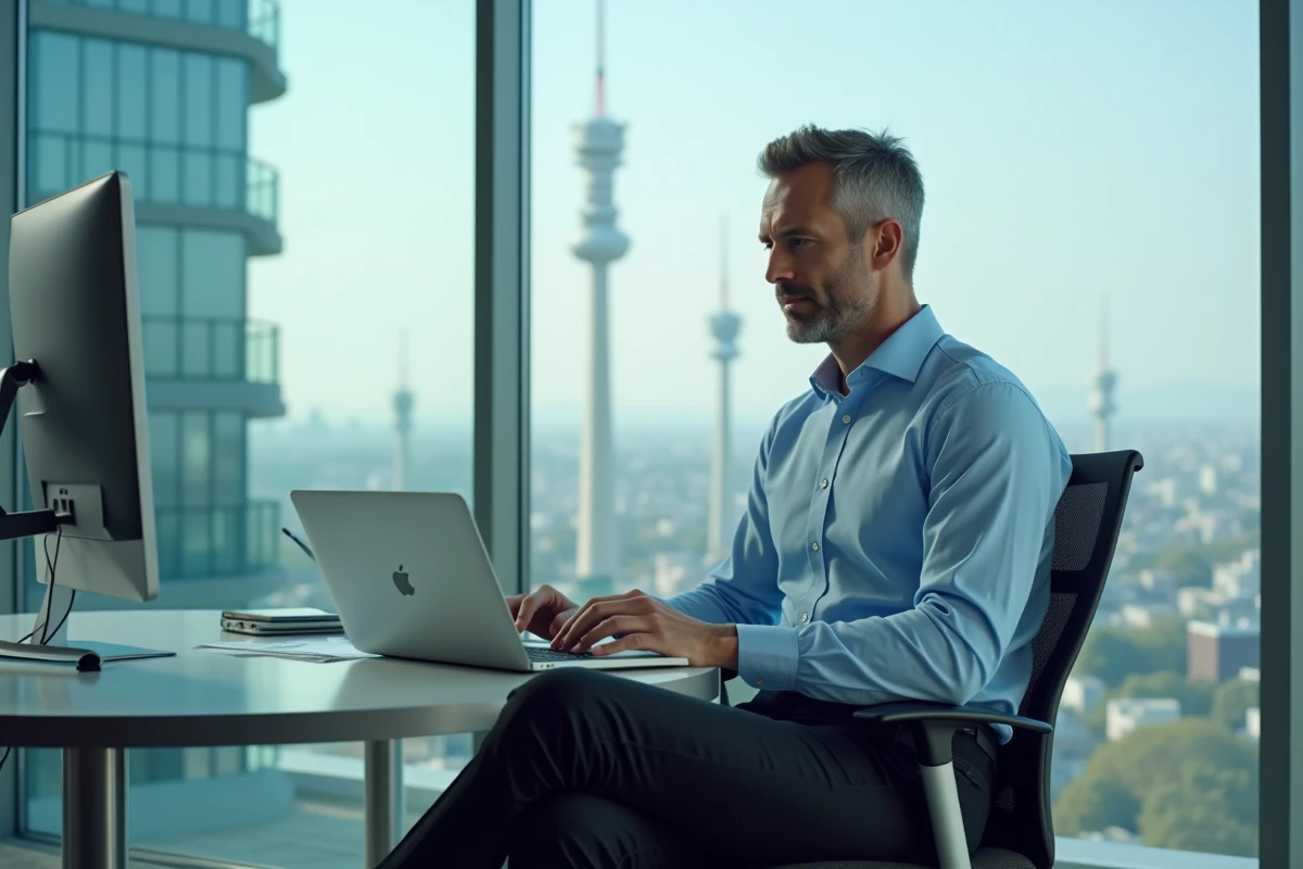 Homme d age moyen travaillant dans un bureau avec antennes mobiles en arriere plan