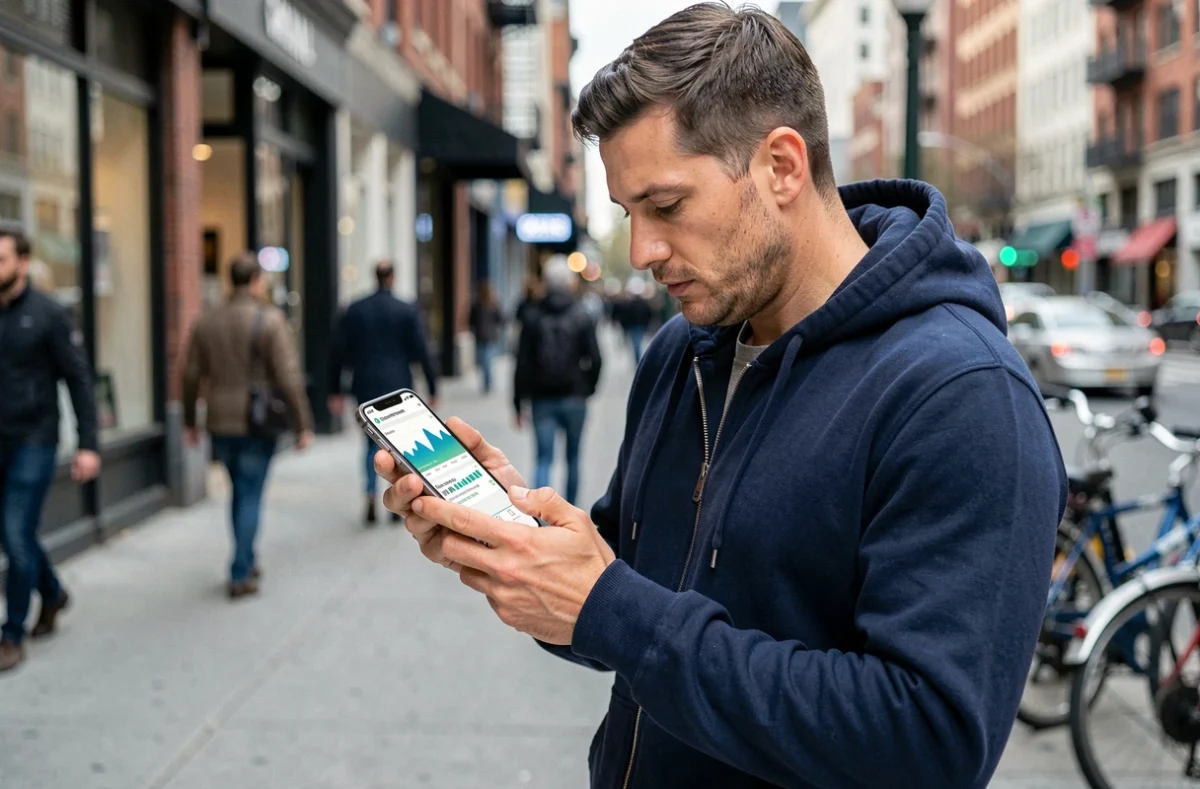 Homme en ville vérifiant ses données hors forfait et sa consommation mobile sur l'application RED&Moi