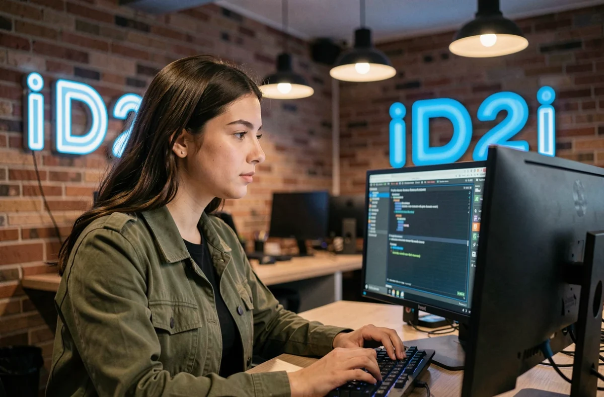 Ingénieure en cybersécurité de iD2i travaillant sur un poste de travail à double écran dans un studio tech créatif à Marseille