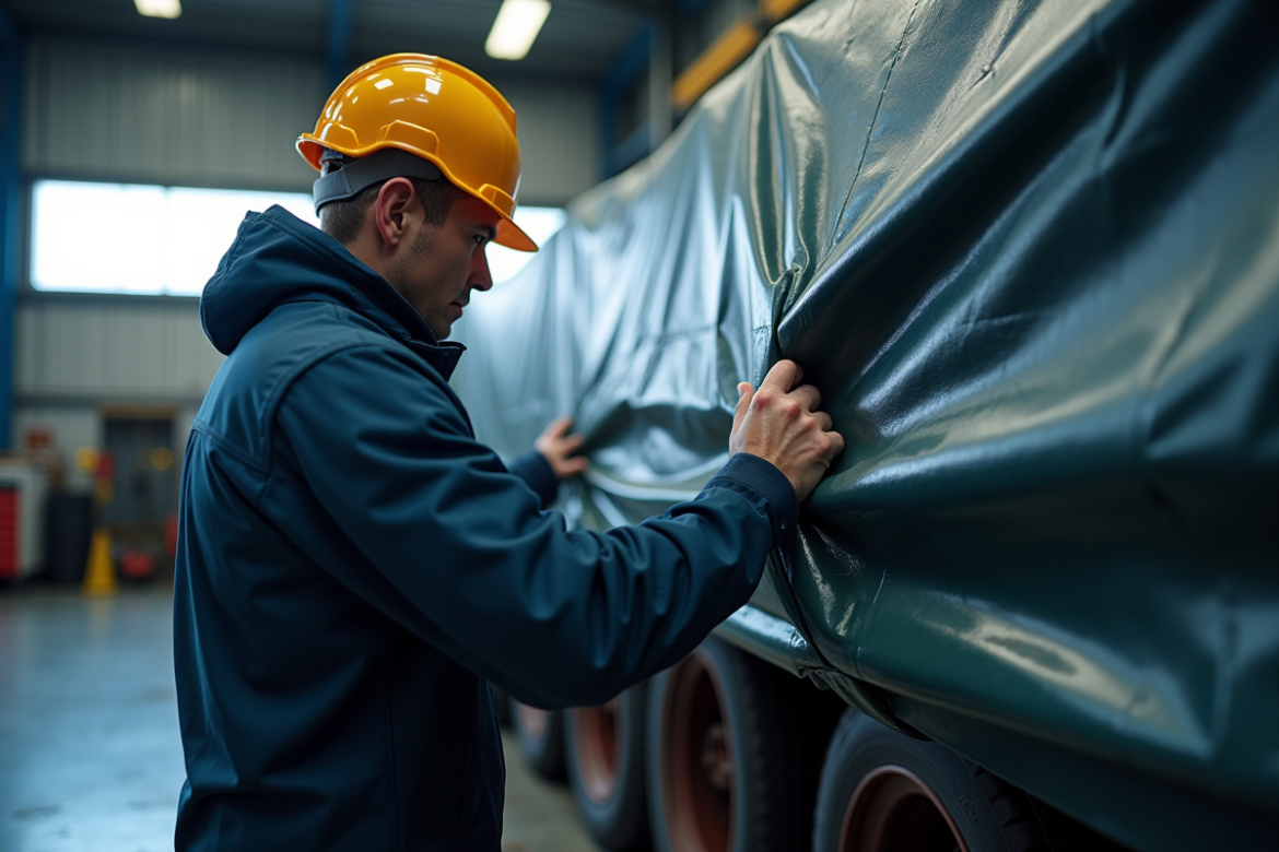Ingénieur inspectant une grande machine protégée par un tarpaulin