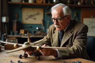 Inventeur âgé examinant un modèle d'avion ancien dans son atelier