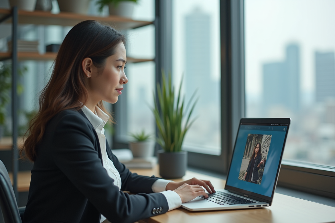Jeune femme au bureau avec publicité en ligne sur son écran