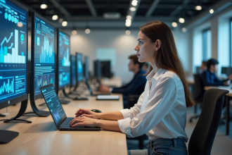 Jeune femme au bureau avec diagrammes digitaux et ordinateur