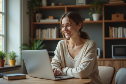 Jeune femme assise à un bureau à la maison souriante