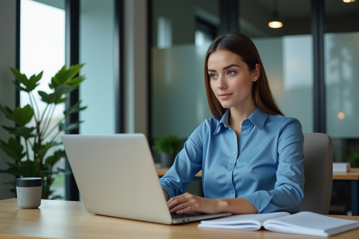 Jeune femme en blouse bleue travaille sur son ordinateur dans un bureau moderne
