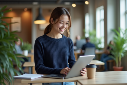 Jeune femme souriante utilisant une tablette dans un bureau lumineux