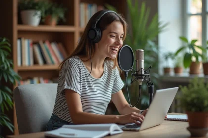 Jeune femme parlant dans un micro dans son bureau à domicile