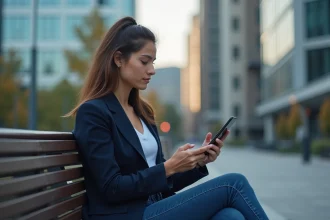 Jeune femme en ville regardant son smartphone avec connectivite 5G