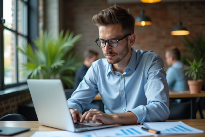 Jeune homme professionnel analysant des graphiques de salaire