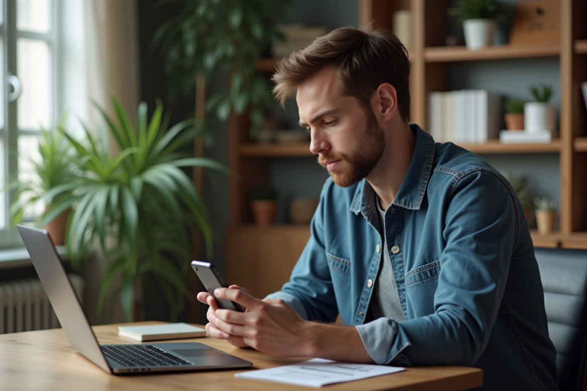 Jeune homme utilisant smartphone et ordinateur pour authentification