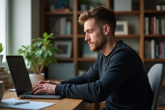 Jeune homme concentré travaillant sur son ordinateur dans un bureau moderne