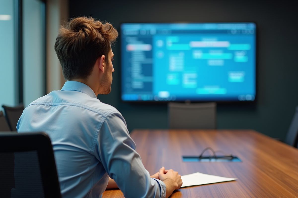 Jeune homme devant un écran de gestion de documents