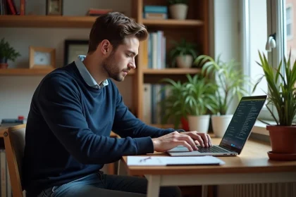 Jeune homme analysant son ordinateur portable à domicile