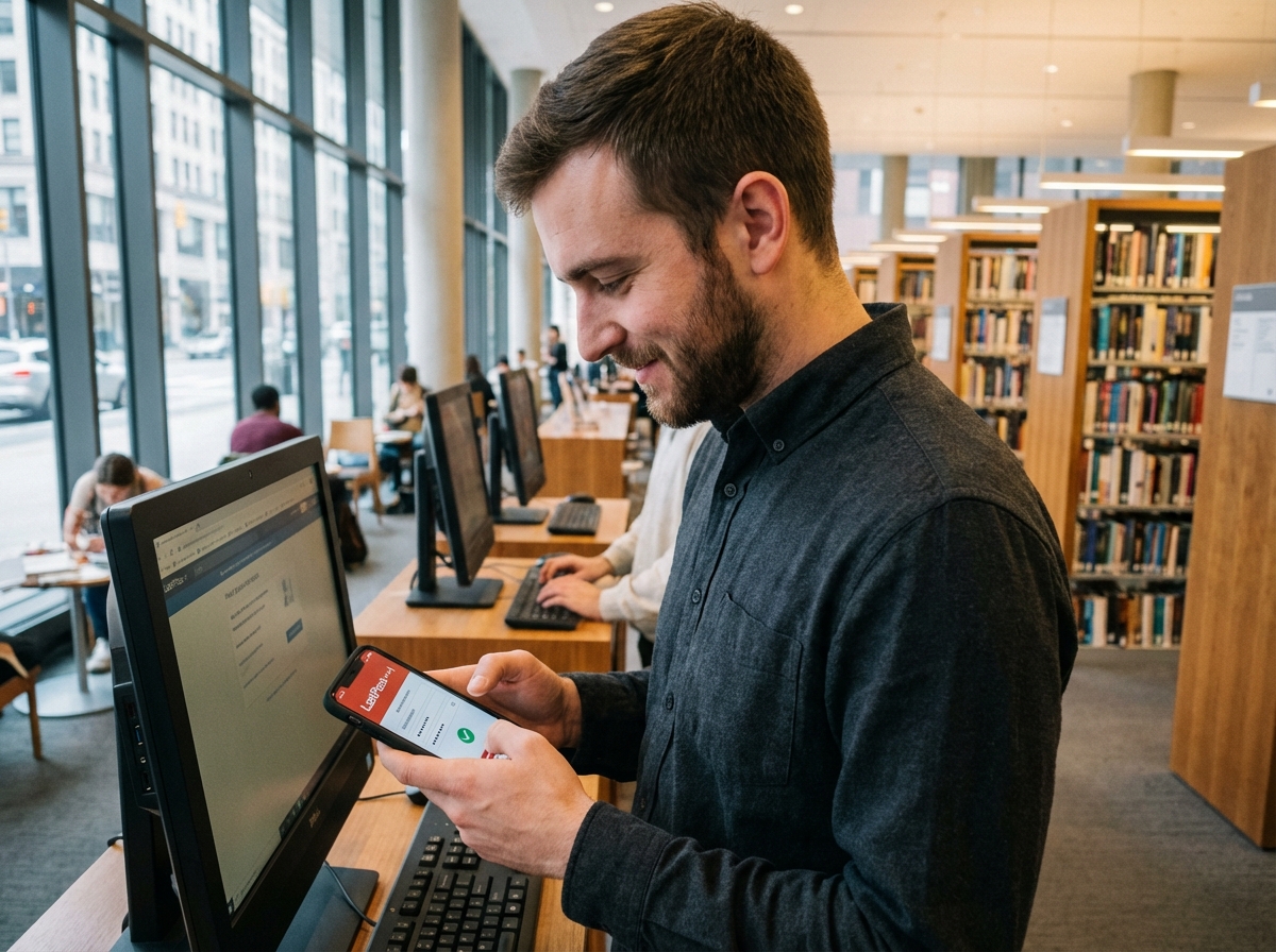 Jeune homme utilisant une application de gestion de mots de passe à la bibliothèque